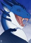 2024 ambiguous_feral ambiguous_gender blue_body blue_eyes blue_horn cheek_horn dated dragon feral glistening glistening_eyes head_spikes hi_res horn looking_at_viewer membrane_(anatomy) membranous_wings mouth_shot mythological_creature mythological_scalie mythology open_mouth pink_tongue pupils riorix scalie side_view slit_pupils solo spikes spikes_(anatomy) tongue white_body wings