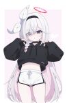  alternate_costume arms_up black_choker black_hairband black_hoodie blue_archive border bow braid choker cinamon_(cinamori) colored_inner_hair commentary cowboy_shot drawstring grey_eyes hair_bow hair_over_one_eye hairband halo highres hood hood_down hoodie index_fingers_raised long_hair long_sleeves midriff_peek multicolored_hair parted_lips pink_background pink_hair plana_(blue_archive) red_halo red_pupils shorts simple_background sleeves_past_wrists very_long_hair white_border white_bow white_hair white_shorts 