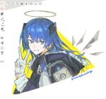  1girl :d arknights art_program_in_frame black_horns black_jacket blue_eyes blue_hair cnsmsoup cropped_torso detached_wings gloves grey_gloves grey_halo grin halo highres horns jacket long_sleeves looking_at_viewer medium_hair mostima_(arknights) smile solo traditional_halo twitter_username unfinished v wings 