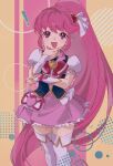  ! 1girl aino_megumi black_vest boots bow brooch cowboy_shot cure_lovely earrings frills hair_between_eyes hair_ornament hand_on_own_chin happinesscharge_precure! heart heart_brooch heart_hair_ornament highres jewelry long_hair looking_at_viewer magical_girl open_mouth pink_background pink_eyes pink_hair pink_shirt pink_skirt ponytail pouch precure puffy_sleeves red_bow shipu_(gassyumaron) shirt signature skirt smartwatch smile solo stroking_own_chin thigh_boots thinking vest watch wide_ponytail wristwatch yellow_background zettai_ryouiki 