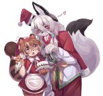 2024 absurd_res anthro apron biped black_ear_tips black_markings black_nose brown_body brown_ear_tips brown_fur brown_hair brown_markings cake canid canine chinese_description christmas christmas_clothing christmas_headwear clothed clothing colored countershade_face countershade_fur countershade_hands countershade_neck countershading dessert dipstick_ears dipstick_tail duo ear_markings eyewear female food fox front_view frosting fully_clothed fur glasses green_eyes grey_body grey_fur hair hat headgear headwear heart_symbol hi_res highlights_(coloring) holidays kitsunenohareya_(oc) mammal markings multicolored_ears multicolored_eyes open_mouth petals pink_eyes potatotanuki_(potatoximon) raccoon_dog santa_hat simple_background smile standing tail tail_markings tan_body tan_countershading tanuki two_tone_eyes white_background white_body white_fur white_hair white_highlights xiao_lijun