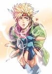  bad_id bad_pixiv_id blonde_hair blown_kiss blue_eyes bubble caesar_anthonio_zeppeli facial_mark feathers fingerless_gloves gloves green_jacket hair_feathers headband heart highres jacket jojo_no_kimyou_na_bouken linjie looking_at_viewer male_focus one_eye_closed outstretched_hand scarf solo 