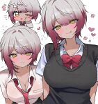  1girl :p :q absurdres black_sweater_vest blush bow bowtie breasts brown_hair cleavage closed_mouth collarbone collared_shirt flying_sweatdrops gradient_hair grey_hair heart highres indie_virtual_youtuber multicolored_hair necktie red_bow red_bowtie red_necktie savii_(vtuber) school_uniform shirt short_hair short_sleeves sweater_vest tea_0je tongue tongue_out virtual_youtuber white_shirt yellow_eyes 