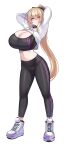  1girl absurdres arms_up black_sports_bra blonde_hair blush breasts cleavage collar cropped_jacket full_body hair_between_eyes highres huge_breasts jacket kubiwa_(kutan) kutan long_hair looking_at_viewer navel open_clothes open_jacket original pants ponytail red_collar red_eyes solo sports_bra sportswear white_background yoga_pants 
