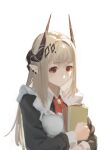  1girl absurdres alternate_costume apron arknights black_horns chinese_commentary closed_mouth commentary ear_piercing enmaided expressionless grey_hair gug292953576 highres holding horns long_hair long_sleeves maid maid_apron mudrock_(arknights) piercing pointy_ears red_eyes sidelocks simple_background solo upper_body white_apron white_background 