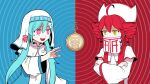  2girls ahoge aqua_hair drill_hair hair_between_eyes hair_ornament hatsune_miku highres holding holding_pocket_watch hypnosis kasane_teto long_hair long_sleeves mind_control mouth_veil multiple_girls nun own_hands_together pinocchio-p pocket_watch red_eyes red_hair ringed_eyes smile synthesizer_v t-shi_no_hanashi_wo_shinjiru_na_(vocaloid) utau veil vocaloid watch yellow_eyes 