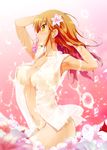  akabane_iori armpits bottomless breasts brown_hair flower hair_flower hair_ornament hair_tie_in_mouth kyou_ami! large_breasts long_hair mouth_hold navel nipples porurin see-through shiny shiny_skin shirt solo tan tanline wet wet_clothes wet_shirt 