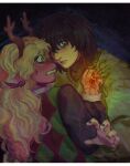  1girl 1other animal_ears antlers blonde_hair checkered_clothes checkered_sweater_vest checkered_vest deer_antlers deer_ears deer_girl deltarune furry furry_female heiriz highres horns jewelry kris_(deltarune) long_hair long_sleeves noelle_holiday red_eyes reindeer_girl ring spiked_ring teeth thorn_ring_(deltarune) thorns two-tone_sweater_vest vest weird_route_(deltarune) 