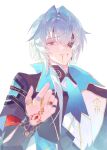  1boy anaxa_(honkai:_star_rail) aqua_hair black_jacket blood blood_from_mouth blue_eyes grin half-closed_eyes hand_up highres honkai:_star_rail honkai_(series) jacket lapels looking_at_viewer male_focus mandarin_collar medium_hair notched_lapels pink_pupils red_tattoo shiita34 side_ponytail simple_background smile solo teeth white_background yellow_blood 