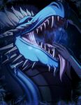 2024 ambiguous_feral ambiguous_gender black_background black_body blue_body blue_eyes bodily_fluids cheek_spikes dated dragon duo facial_spikes fangs feral forked_tongue glistening glistening_eyes hand_in_mouth hi_res horn mane mouth_play mythological_creature mythological_scalie mythology purple_tongue riorix saliva saliva_string scalie sharp_teeth simple_background solo_focus spikes spikes_(anatomy) teeth tongue white_horn white_mane