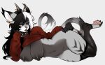 2025 alternative_fashion anthro areola arm_support artist_name barely_visible_genitalia barely_visible_vulva big_breasts big_ears black_hair black_lips bored bottomless breasts casual_nudity claws clothed clothing clothing_lift collar colored countershading curvy_figure digital_drawing_(artwork) digital_media_(artwork) digitigrade ear_piercing eyeshadow facial_piercing female full-length_portrait fur fur_markings furgonomics furry-specific_piercing genitals goth green_eyes grey_body grey_fur hair hand_on_hip hi_res horn horn_piercing leaning_on_elbow legwear lezified lidded_eyes lip_piercing lips lipstick long_hair long_tail looking_at_viewer lying makeup mammal markings messy_hair multicolored_body multicolored_hair nipple_piercing nipples nose_piercing on_side pawpads piercing pinup portrait pose raised_leg reverse_countershading selis simple_background skimpy solo spiked_collar spikes stockings striped_markings stripes sweater sweater_lift tail tail_tuft text thick_thighs thigh_highs thin_tail topwear tuft tufted_ears two_tone_body two_tone_hair vulva white_hair wide_hips