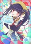  1girl 2025 absurdres apron balloon birthday_cake black_dress black_hair blue_archive blunt_bangs blush cake collared_dress commentary_request confetti cowboy_shot dated_commentary demon_girl demon_horns dress fang floating_hair food fuuka_(blue_archive) hair_on_horn hand_up hands_up happy happy_birthday headscarf heart_balloon highres holding holding_cake holding_food horns long_hair long_sleeves looking_at_viewer necktie open_mouth puffy_long_sleeves puffy_sleeves red_eyes red_necktie sidelocks signature simple_background skin_fang smile solo tanabata_natsuki twintails very_long_hair watermark white_apron white_background 