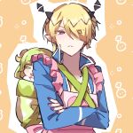  1boy apron babyls_school_uniform backpack bag blonde_hair curled_horns earrings frown hair_over_one_eye highres horns jewelry long_sleeves looking_at_viewer mairimashita!_iruma-kun pink_eyes pointy_ears purple_nails school_uniform shax_lead stud_earrings upper_body user_yjrr4572 valac_clara yellow_background 