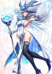  1girl areola_slip black_thighhighs breasts duel_monster gloves grey_hair hair_over_one_eye high_heels highres holding holding_staff long_hair miyakura_haruto no_panties parted_lips purple_eyes silent_magician staff tabard thighhighs white_gloves white_tabard yu-gi-oh! 
