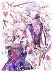  1boy 1girl absurdres armor black_bridal_gauntlets black_gloves blue_eyes blue_hair breastplate breasts bridal_gauntlets brother_and_sister card cherry_blossoms cleavage closed_mouth cocoballking commentary cowboy_shot genshin_impact gloves hair_between_eyes hair_ribbon hand_to_own_mouth highres jacket japanese_armor japanese_clothes kamisato_ayaka kamisato_ayato large_breasts long_hair long_sleeves looking_at_viewer mole mole_under_eye neck_tassel offering_hand parted_lips playing_card ponytail reaching reaching_towards_viewer ribbon siblings smile tassel ten_of_hearts white_jacket 