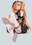  1girl absurdres adjusting_clothes adjusting_legwear bag black_choker black_dress black_panties blue_eyes blue_nails breasts brown_jacket choker closed_mouth dress eyewear_on_head feet foot_focus foreshortening grandia_lee grey_background hair_between_eyes hairpods head_tilt heart heart_o-ring highres interface_headset_(evangelion) jacket long_hair long_sleeves looking_at_viewer medium_breasts multicolored_nails necktie neon_genesis_evangelion no_shoes o-ring o-ring_choker off_shoulder open_clothes open_jacket orange_hair panties pantyshot pink_nails shoulder_bag simple_background sitting skindentation sleeveless sleeveless_dress soles solo souryuu_asuka_langley sunglasses thigh_strap thighhighs toes underwear very_long_fingernails very_long_hair white_thighhighs yellow_nails 