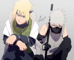  2boys aged_down black_eyes blonde_hair blue_eyes flak_jacket forehead_protector grey_background grey_hair hatake_kakashi heterochromia jacket konohagakure_shinobi_uniform konohagakure_symbol male_focus mask mouth_mask multiple_boys namikaze_minato naruto_(series) naruto_shippuuden ninja ninja_mask one_eye_closed red_eyes sharingan simple_background smile zifletts 