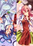  azuki_(lizzy) bandages bird blue_eyes blue_hair bun_cover cuffs double_bun dress eagle finger_to_mouth fingernails flower hair_ornament hair_rings hair_stick hand_on_own_face hat ibaraki_kasen kaku_seiga miyako_yoshika multiple_girls ofuda one_eye_closed pink_eyes pink_hair raijuu rose rotational_symmetry shackles sharp_fingernails sharp_teeth smile split_screen star tabard teeth touhou 