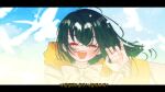 1girl blue_sky green_hair hand_wave happy highres hood korean_text long_hair long_sleeves mabinogi ribbon sana_hias sky tanilliem_(mabinogi) 