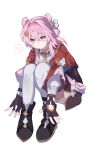  1girl ? bell black_gloves black_shoes blue_eyes fingerless_gloves gloves hair_bell hair_ornament highres honkai:_star_rail honkai_(series) jingle_bell knees_up long_sleeves looking_at_viewer march_7th_(honkai:_star_rail) march_7th_(hunt)_(honkai:_star_rail) maruku1631618 medium_hair official_alternate_costume pink_hair shoes shuangyaji simple_background solo spoken_question_mark thighhighs white_background white_thighhighs 