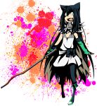  1girl alchemist_(ragnarok_online) animal_ears black_bow black_hair black_pantyhose blood blood_splatter boots bow cape cat_ears cat_girl commentary_request crazy_eyes crazy_smile detached_sleeves dress flat_chest fold-over_boots full_body fur_collar green_boots green_eyes green_sleeves high_contrast holding holding_lead_pipe lead_pipe long_hair meiko_(nattu303) open_mouth pantyhose ragnarok_online sash simple_background smile solo strapless strapless_dress very_long_hair white_dress 