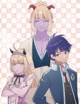  1girl 2boys ahoge ajpp6 asfeld_academy_school_uniform azbar_(dragon_quest) black_bow black_horns black_nails black_vest blonde_hair blue_eyes blue_hair blunt_bangs bow bow_choker checkered_background choker colored_skin commentary_request cross-laced_clothes cross-laced_dress crossed_arms demon_boy demon_girl dragon_quest dragon_quest_tact dragon_quest_x dress frilled_dress frilled_wrist_cuffs frills frown hairband hand_on_own_hip height_difference highres horns japanese_clothes jitome long_hair looking_at_another looking_to_the_side multiple_boys necktie official_alternate_costume pectoral_cleavage pectorals pointy_ears ponytail purple_dress purple_hairband purple_skin red_horns red_necktie rinverry risoru_(dq10) school_uniform smile upper_body vest wrist_cuffs yellow_eyes 