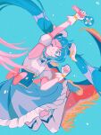  1girl arm_up armpits bare_shoulders blue_background blue_bow blue_brooch blue_cape blue_corset blue_eyes blue_hair blue_skirt blunt_bangs bow bow_skirt bracelet brooch cape clenched_hand closed_mouth collared_shirt corset cure_sky detached_sleeves dot_nose eyelashes fingerless_gloves floating_hair frilled_skirt frilled_sleeves frills fringe_trim full_body gloves gold_bracelet gradient_hair hair_bow hair_ornament happy heart heart_brooch heart_hair_ornament high_collar highres hirogaru_sky!_precure holding holding_microphone jewelry jumping leaning_to_the_side light_particles long_hair looking_at_viewer microphone miniskirt multicolored_hair omyo_(myomyomyo22) one_eye_closed pink_bow pink_hair pleated_skirt precure puffy_short_sleeves puffy_sleeves red_cape shirt short_sleeves sidelocks signature simple_background skirt smile solo sora_harewataru streaked_hair thighhighs two-sided_cape two-sided_fabric two-tone_hair very_long_hair white_gloves white_shirt white_sleeves white_thighhighs wing_hair_ornament 