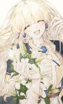  1girl absurdres blonde_hair bracelet flower happy highres holding holding_flower jewelry looking_at_viewer m_smdakql mabinogi portia_(mabinogi) simple_background smile 