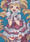  1girl aisaki_emiru blonde_hair blue_background blue_hat bow bowtie cowboy_shot cure_macherie diamond_(gemstone) dress drill_hair earrings frilled_dress frilled_headwear frilled_sleeves frills fur_hat gloves hat hat_bow highres hugtto!_precure interlocked_fingers jewelry lace-trimmed_thighhighs lace_trim large_earrings light_blush long_hair magical_girl makeup mascara mini_hat open_mouth own_hands_together pink_dress pom_pom_(clothes) pom_pom_earrings precure puffy_short_sleeves puffy_sleeves red_bow red_bowtie red_eyes shipu_(gassyumaron) short_dress short_sleeves simple_background smile solo standing tareme thighhighs train_(clothing) twin_drills twintails very_long_hair white_gloves white_sleeves white_thighhighs wrist_bow yellow_brooch 