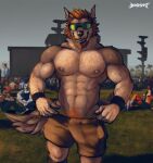 absurd_res acidwuff anthro arm_hair black_nose body_hair brown_body brown_fur canid canine chest_hair clothed clothing day eyewear front_view fur group hair hi_res leg_hair male male_anthro mammal navel nipples obscured_eyes orange_hair outside pubes short_hair solo_focus standing sunglasses topless white_body white_fur