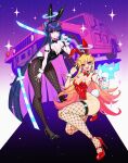  2girls animal_ear_hairband animal_ears bare_shoulders black_leotard blonde_hair blue_eyes blue_hair blunt_bangs bow bowtie breasts cleavage colored_inner_hair covered_navel crystalsugarstars detached_collar earrings fake_animal_ears fake_tail fishnet_pantyhose fishnets hairband halo highleg highleg_leotard highres holding holding_sword holding_weapon hoop_earrings hummer hummer_h1 jewelry large_breasts leotard long_hair looking_at_viewer middle_finger multicolored_hair multiple_girls panty_&amp;_stocking_with_garterbelt panty_(psg) pantyhose pink_hair planted planted_sword playboy_bunny rabbit_ear_hairband rabbit_ears rabbit_tail red_leotard see-through_(psg) siblings sisters smile stocking_(psg) strapless strapless_leotard sword tail thighhighs traditional_bowtie traditional_halo two-tone_hair weapon white_wrist_cuffs wrist_cuffs 