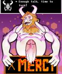 absurd_res anthro asgore_dreemurr beard big_penis blonde_hair bodily_fluids body_hair boss_monster_(undertale) bovid breaking caprine chest_hair dialogue dripping english_text erection facial_hair fur gameplay_mechanics genital_fluids genitals goat hair hi_res horn humanoid_genitalia humanoid_penis joalmidon long_ears looking_at_viewer male mammal mature_anthro mature_male musclegut muscular muscular_anthro muscular_male nipples open_mouth overweight overweight_male pecs penile penis precum precum_drip simple_background smile solo text text_box undertale undertale_(series) white_body white_fur