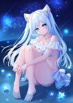  1girl artist_name bare_shoulders blue_eyes blue_nails blush breasts cleavage collarbone fingernails highres jewelry long_hair looking_at_viewer nail_polish necklace original parted_lips partially_submerged sitting sky solo star_(sky) stardrop starry_sky stomach toenail_polish toenails very_long_hair white_hair 