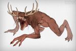 2025 all_fours american_mythology anthro antlers claws creepy_face fangs fur hair horn indigenous_north_american_mythology male mythology neoshka north_american_mythology nude open_mouth scary signature solo teeth tongue wendigo wichita