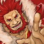  armor beard cape facial_hair fate/zero fate_(series) male_focus momopanda outstretched_hand red_eyes red_hair rider_(fate/zero) solo 