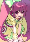  1girl aino_megumi bow cowboy_shot cure_lovely cure_lovely_(lollipop_hip_hop) dress earrings eyelashes frilled_skirt frills gold_necklace green_background green_bow green_skirt hair_between_eyes hair_bow hair_ornament hands_on_own_thighs happinesscharge_precure! happy heart highres hood hood_down hooded_dress jewelry leaning_forward long_hair lower_teeth_only magical_girl miniskirt necklace official_alternate_costume open_mouth pink_eyes pink_hair pink_hood pleated_skirt precure shipu_(gassyumaron) short_dress short_sleeves simple_background skirt skirt_under_dress sleeve_cuffs smile solo star_(symbol) star_earrings star_hair_ornament tareme teeth twintails very_long_hair waist_bag watch white_bag wristband wristwatch yellow_dress zipper_pull_tab 
