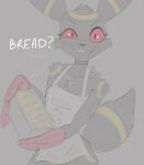 anthro apron blush blush_lines bread choker clothing dialogue eeveelution english_text female food freckelz freckled_face freckles generation_2_pokemon handwear hi_res jewelry line_art loaf looking_at_viewer necklace nintendo oven_mitts pokemon pokemon_(species) red_eyes smile smiling_at_viewer solo text umbreon