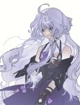 1girl ahoge bare_shoulders dust_incorner fingerless_gloves gloves grey_hair hair_intakes highres long_hair looking_down mabinogi purple_eyes rowan_(mabinogi) simple_background sleeveless 