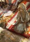  1girl blonde_hair braid candlestand casket cross crucifix flower funeral highres nun original praying robe rose shousan_catalyst solo white_flower white_robe white_rose 