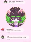 2024 amethyst_(gem) anthro black_clothing black_jacket black_topwear blue_eyes blue_pupils brown_eyebrows brown_facial_hair brown_mustache closed_frown clothed clothing colored crossover digital_drawing_(artwork) digital_media_(artwork) duo edge_(mario_plus_rabbids) english_description english_text eyebrows eyelashes facial_hair fangs female female_anthro frown gaypastabake gem green_eyebrows green_hair hair half-closed_eyes hat headgear headwear hi_res jacket lagomorph light lighting long_ears male male_anthro mammal mario_bros mario_plus_rabbids_kingdom_battle mario_plus_rabbids_sparks_of_hope meme mouth_closed multicolored_hair mustache narrowed_eyes nintendo noseless open_clothing open_jacket open_topwear pink_background pink_inner_ear profanity pupils purple_clothing purple_ear_piercing purple_eyelids purple_shirt purple_topwear rabbid rabbid_mario raving_rabbids rayman_(series) red_clothing red_hat red_headwear shaded shirt simple_background social_media spiky_hair squint tan_eyelids teeth text thick_eyebrows time topwear torn_clothing torn_shirt torn_topwear two_tone_hair ubisoft username year