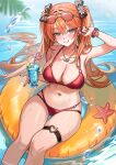  1girl absurdres afloat aqua_eyes ariko_(aaaaarik) armpits bare_shoulders bikini black_ribbon bracelet breasts cleavage crazy_straw crossed_bangs cup drink drinking_straw eyewear_on_head food fruit hair_ribbon hand_up heart heart_o-ring heart_straw highres holding holding_cup holding_drink innertube jewelry large_breasts lemon lemon_slice long_hair looking_at_viewer luci-04 mole mole_on_stomach multi-strapped_bikini_bottom navel necklace o-ring o-ring_thigh_strap orange_hair red_bikini red_nails ribbon second-party_source solo stomach sunglasses swim_ring swimsuit thigh_gap thigh_strap two_side_up very_long_hair vfleet virtual_youtuber water wrist_belt 