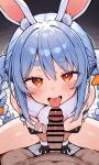  1boy 1girl ai-generated animal_ears bar_censor blue_hair blush braid buno carrot_hair_ornament censored don-chan_(usada_pekora) fellatio food-themed_hair_ornament hair_ornament hetero highres hololive looking_at_viewer nude oral penis rabbit_ears rabbit_girl red_eyes smile solo solo_focus sweat teeth thick_eyebrows tongue tongue_out usada_pekora virtual_youtuber 