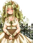  azuki_(lizzy) bonnet book bow breasts bush clair_vaux_bernardus dress fence green_hair highres large_breasts multicolored multicolored_eyes pearl ribbon umineko_no_naku_koro_ni wavy_hair 