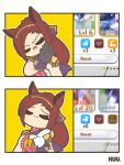  1girl absurdres animal_ears black_gloves brown_hair closed_eyes closed_mouth commentary drakeposting_(meme) english_commentary epaulettes gameplay_mechanics gloves highres horse_ears horse_girl kuhl-notes long_hair meme neckerchief open_mouth orange_neckerchief pink_shirt sakura_bakushin_o_(umamusume) shirt sleeveless sleeveless_shirt smile umamusume upper_body 