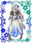  1girl blue_background blue_dress blue_eyes blue_nails blush brown_sandals closed_mouth commentary_request detached_sleeves dress flat_chest floral_border full_body gradient_clothes gradient_dress grey_hair hat long_hair looking_at_viewer meiko_(nattu303) nail_polish ragnarok_online sandals see-through_clothes see-through_dress side_slit sleeveless sleeveless_dress smile solo sorcerer_(ragnarok_online) standing tam_(ragnarok_online) toenail_polish toenails very_long_hair white_background white_dress white_hat white_sleeves 