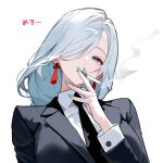  1girl absurdres aqua_eyes black_jacket black_necktie black_suit cigarette collared_shirt earrings formal_clothes genshin_impact hair_over_one_eye highres holding holding_cigarette jacket jewelry lapels long_hair looking_at_viewer necktie shenhe_(genshin_impact) shirt simple_background smoking solo suit suit_jacket tassel tassel_earrings white_background white_hair white_shirt yumeto_(ym-1) 
