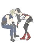  1boy 1girl bare_shoulders black_gloves black_hair black_skirt black_thighhighs blonde_hair blue_eyes blue_pants blue_sweater blush boots breasts camo_niku closed_eyes cloud_strife commentary_request couple crop_top earrings elbow_gloves facing_another final_fantasy final_fantasy_vii final_fantasy_vii_rebirth final_fantasy_vii_remake fingerless_gloves from_side full_body gloves hand_on_another&#039;s_head invisible_chair jewelry kiss kissing_forehead leaning_forward long_hair low-tied_long_hair medium_breasts miniskirt pants profile red_boots short_hair single_arm_guard sitting skirt sleeveless sleeveless_turtleneck spiked_hair standing suspender_skirt suspenders sweater tank_top thighhighs tifa_lockhart turtleneck turtleneck_sweater twitter_username white_background white_tank_top zettai_ryouiki 