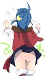  ahoge ass bad_id bad_pixiv_id blue_eyes blue_hair bruise cape crescent crescent_hair_ornament from_behind hair_ornament hairclip hidaka_ryou injury pointy_ears red_cape rena_lanford short_hair solo star_ocean star_ocean_the_second_story 