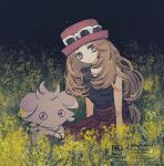  1girl black_shirt blonde_hair closed_mouth espurr expressionless eyewear_on_headwear field flower flower_field hat highres horimhkw11 long_hair looking_at_viewer low-tied_long_hair pleated_skirt pokemon pokemon_(creature) pokemon_xy red_skirt serena_(pokemon) shirt skirt sleeveless sleeveless_shirt sunglasses 