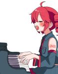  1girl ahoge blush closed_eyes detached_sleeves drill_hair from_side grey_shirt grey_skirt grey_sleeves haru_maron highres instrument kasane_teto kasane_teto_(utau) long_sleeves music open_mouth piano playing_instrument playing_piano red_hair shirt simple_background singing sitting skirt sleeveless sleeveless_shirt solo twin_drills upper_body utau white_background 